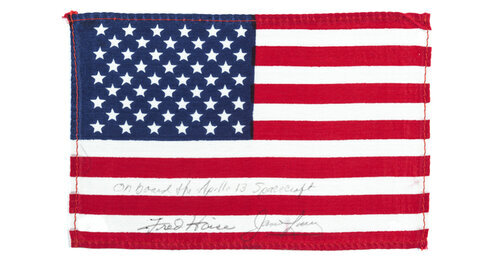 Flag from Apollo 13, the doomed flight that, after an oxygen tank explosion 56 hours after launch, was forced to abort its Moon landing, but returned safely home on April 17, 1970