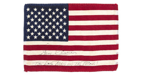 Gene Cernan’s flag from 1972’s Apollo 17, NASA’s final Moon landing mission. On it, he has signed his name and written, “the last man on the moon.”